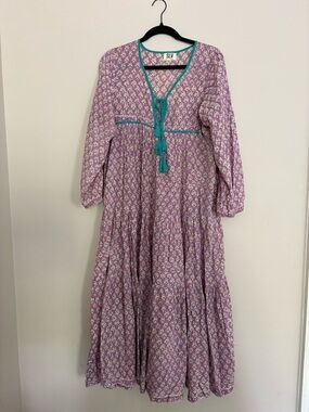 SLV Lavender Midi Dress with Teal Trim and Tassel Tie